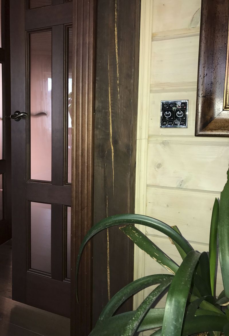 двухклавишный выключатель света в интерьере деревянного дома