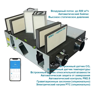 Потолочный рекуператор S&C SMART-HRV-S-250-500 с Bypass и нагревом